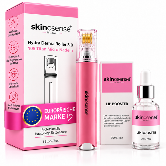 Lip Booster Set mit Dermaroller und 30ml Serum von skinosense® zur Lippenpflege und -verjüngung, Nahaufnahme der Produkte.