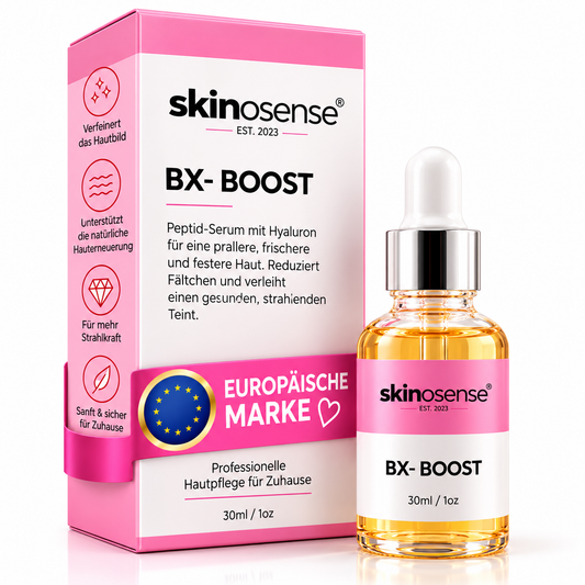 BX Booster Serum von skinosense, 30ml, Peptid-Gesichtsserum mit Hyaluron, Flasche mit Pipette auf weißem Hintergrund