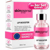 Gesicht mit drei Skinosense® Lip Booster Serum Roll-On Glanz, 3-Monats-Bundle, sichtbar auf den Lippen.