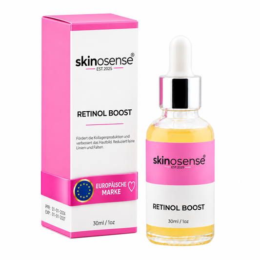 Retinol Booster Serum von skinosense, Nachtserum für das Gesicht, 30ml, flüssige Textur in einer Pipettenflasche.