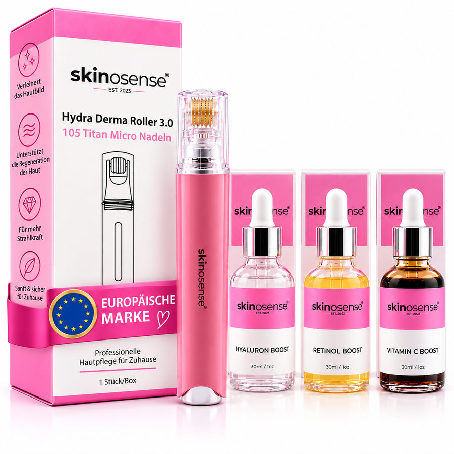 Microneedling Gesichtspflege-Set von skinosense mit Nadeln, Serum und Zubehör für die Hautverbesserung, auf einem weißen Hintergrund.
