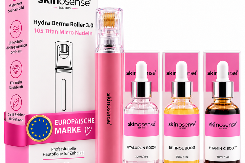 Microneedling Gesichtspflege-Set von skinosense mit Nadeln, Serum und Zubehör für die Hautverbesserung, auf einem weißen Hintergrund.