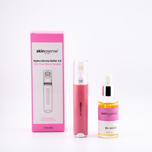 Dermaroller und Serum-Set von skinosense® zur Hautpflege, inklusive 30ml Serum und Dermaroller für glatte Haut.