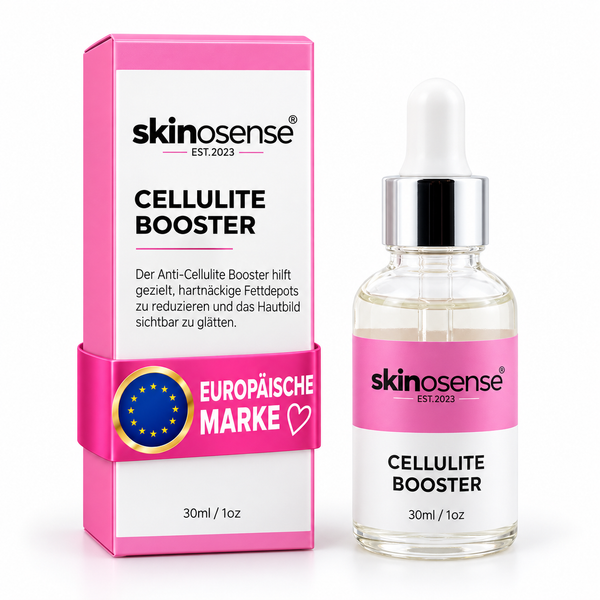 Das Skinosense® Cellulite Booster Serum in 30 ml Flasche, zeigt das Körperserum für Oberschenkel und Po, mit pumpenartigem Applikator