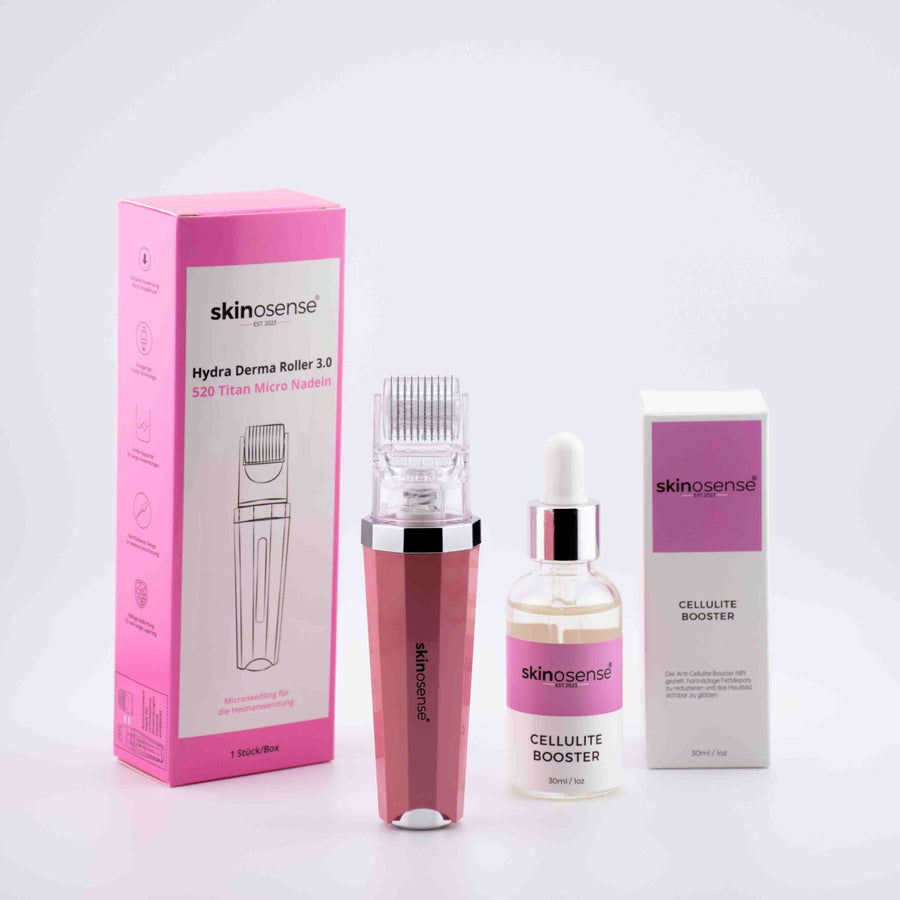 Cellulite Booster Set mit Dermaroller und 30ml Serum von skinosense® für straffere Haut und bessere Elastizität.