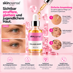 Hautnahes Bild des skinosense Collagen Booster Serums in 30 ml Flasche, feuchtigkeitsspendende Gesichtspflege mit Collagen.
