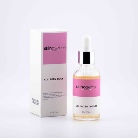 Hautserum mit Kollagen und Elastin von skinosense, 30ml Flasche, für straffe, elastische Haut, Nahaufnahme der Flasche