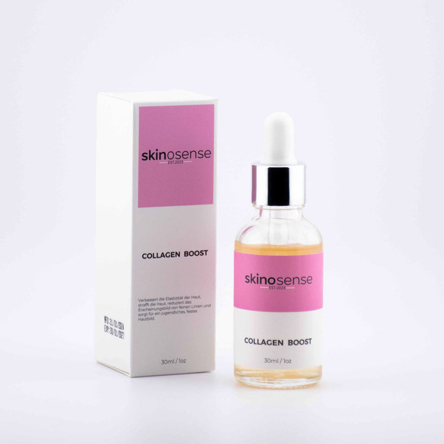 Hautserum mit Kollagen und Elastin von skinosense, 30ml Flasche, für straffe, elastische Haut, Nahaufnahme der Flasche