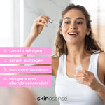 Hautserum mit Kollagen und Elastin von skinosense, 30ml Flasche, für straffe, elastische Haut, Nahaufnahme des Serums in einer Pipettenflasche