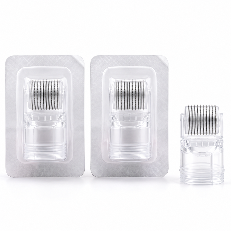 skinoseSense® Ersatzroller für Hydra Derma Roller 3.0 mit 520 Nadeln, 3er Set, zeigt den Roller mit Nadeln und Griff.