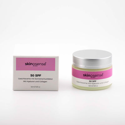 Gesichtscreme mit Sonnenschutz LSF 50 von skinosense, Anti-Aging Pflege mit Hyaluron und Kollagen, für jugendliche Haut.