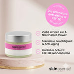 Gesichtscreme mit Sonnenschutz LSF 50 von skinosense, Anti-Aging Pflege mit Hyaluron und Kollagen, für gesunde Haut.