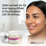 Gesichtscreme mit Sonnenschutz LSF 50 von skinosense, Anti-Aging Pflege mit Hyaluron und Kollagen, für frische Haut.
