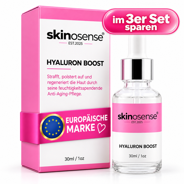 Drei Flaschen skinosense Hyaluron Booster Serum, feuchtigkeitsbindendes Gesichtssamrum im 3-Monats-Bundle, für mehr Feuchtigkeit.