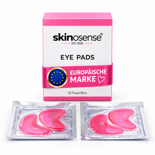 Hyaluron-Augenpads von skinosense® für die Pflege der Augenpartie, 10 Paar, feucht und transparent auf der Haut liegend
