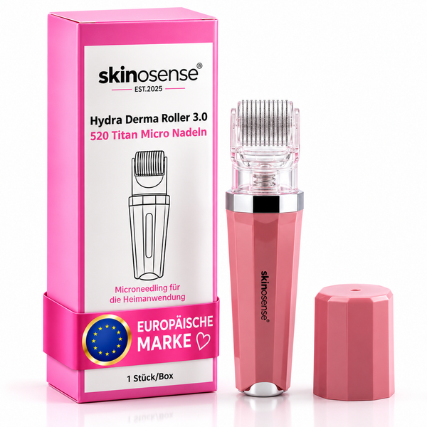 skinoseense Hydra Derma Roller 3.0 mit 520 Titan-Mikronadeln gegen Cellulite, zeigt den handlichen Hautpflege-Roller