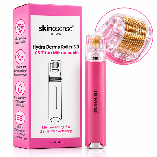 Hydra Derma Roller 3.0 von skinosense mit 105 Titan-Mikronadeln für die Hautpflege, Nahaufnahme des Gesichts mit dem Derma-Roller