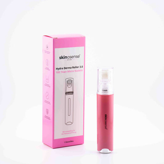 Hydra Derma Roller 3.0 von skinosense mit 105 ultra-präzisen Titan-Nadeln für die Gesichtshaut.