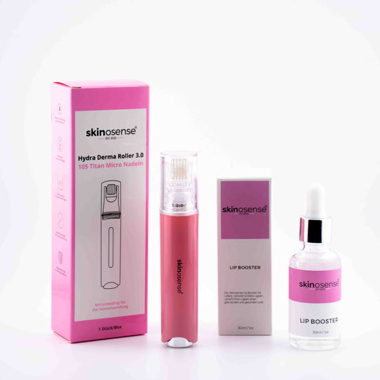 Skinosense Lip Booster Set mit Serum und Dermaroller für sichtbar vollere Lippen, zeigt das Produkt und die Anwendung.