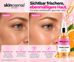 Gesichtsserum mit Vitamin C und Niacinamid von skinosense, 30 ml Flasche, zeigt klare Textur und goldene Farbe.
