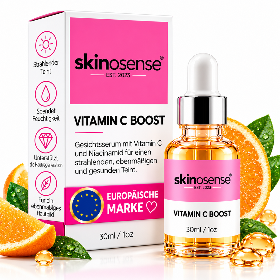 Vitamin C Booster Serum von skinosense in 30 ml Flasche, enthält Niacinamid, für strahlende und gepflegte Haut.